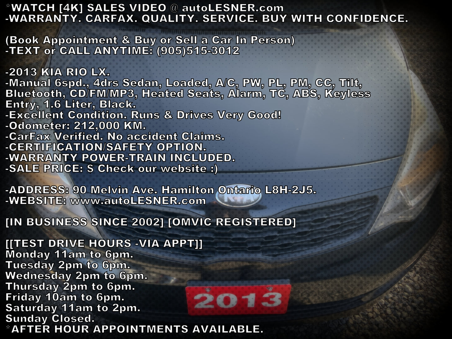 2013 KIA RIO LX -Manual 6spd A/C Loaded 212,000KM -Warranty!
